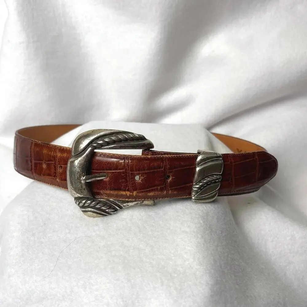 Onyx Brown Leather Western Belt Size 32 Silver Tone Engraved Buckle Vintage